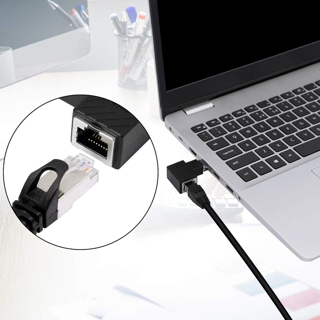 Right Angle Ethernet Adapter 90 Degree RJ45 Male to Female Cat6 LAN Network Connector 2-Pack Black I249093