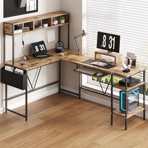 L Shaped Gaming Desk with LED Lights and Power Outlet, Grey T975