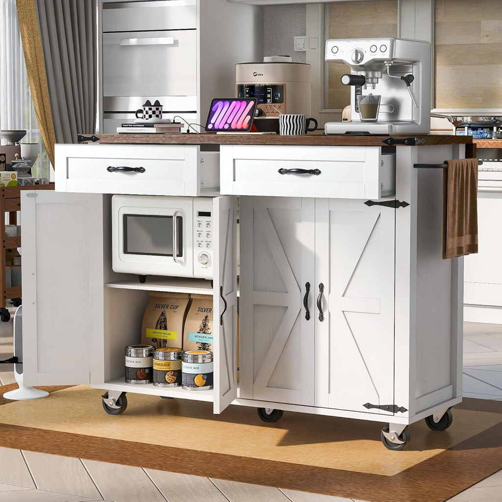 White Kitchen Island with Power Outlet and Drop Leaf Q981383