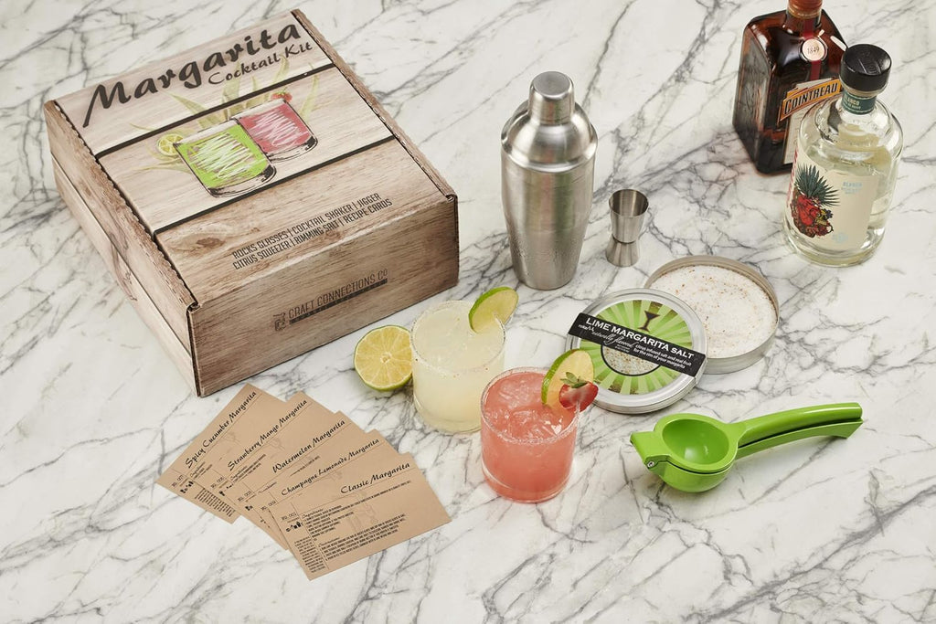 Set of Rocks Glasses, Stainless Cocktail Shaker & Jigger, Citrus Squeezer, Margarita Salt, Recipe Cards S619
