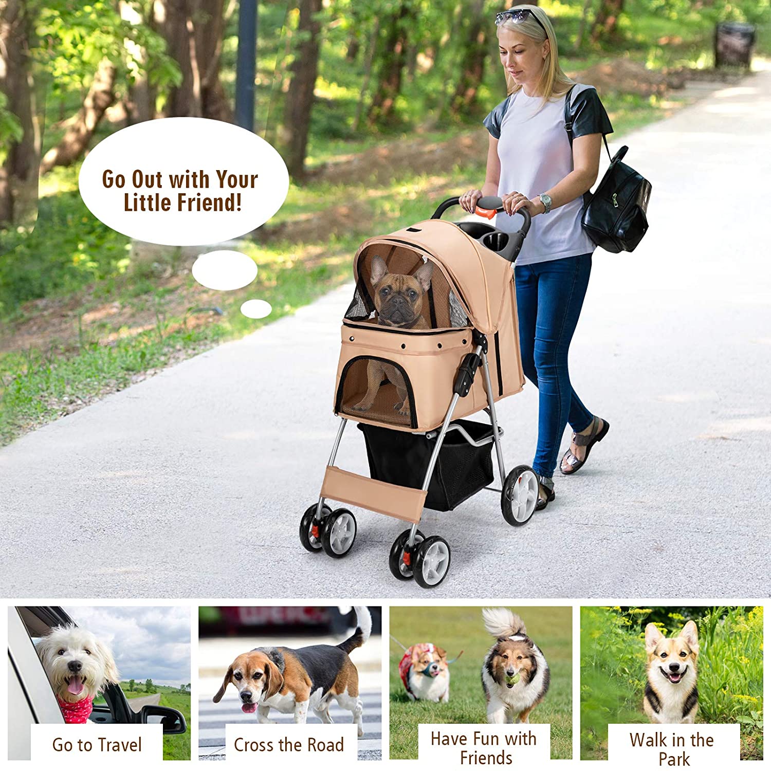 Navy Pet Stroller with 4 Lockable Wheels and Removable Liner R801