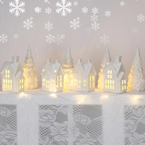 17 Piece Christmas Village Set with 4 LED White Ceramic Houses, 4 Ceramic Trees, Plastic Truck, 7 Branch Trees F67905