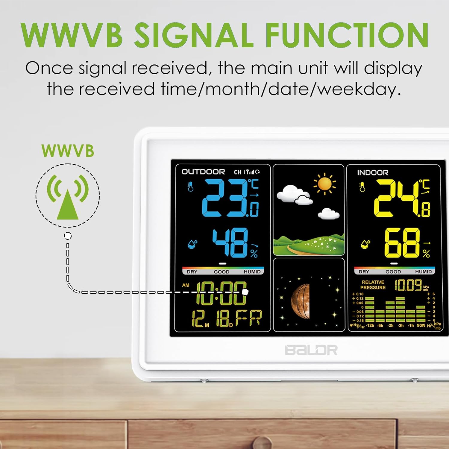Wireless Indoor Outdoor Weather Station with Atomic Clock and Barometer G785