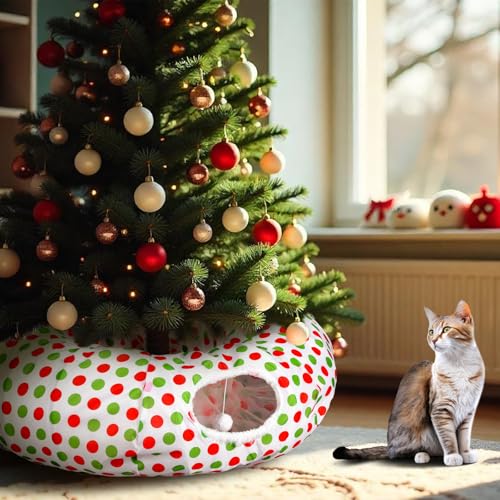 3ft x 3ft Red and Green Cat Tunnel Christmas Tree Skirt with Washable Cushion I1993