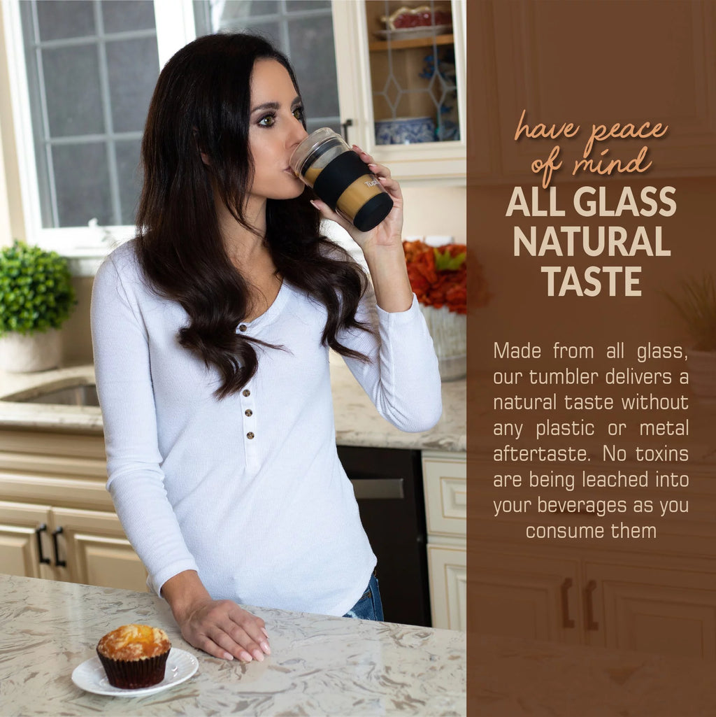 Black 8-Ounce Double Wall Glass Tumbler with Lid C35106