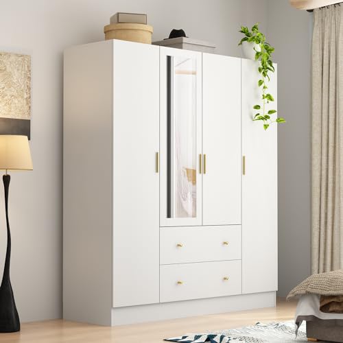 Black Brown 4-Door Armoire with Mirror, 2 Drawers, 2 Hanging Bars & 7 Shelves V131656