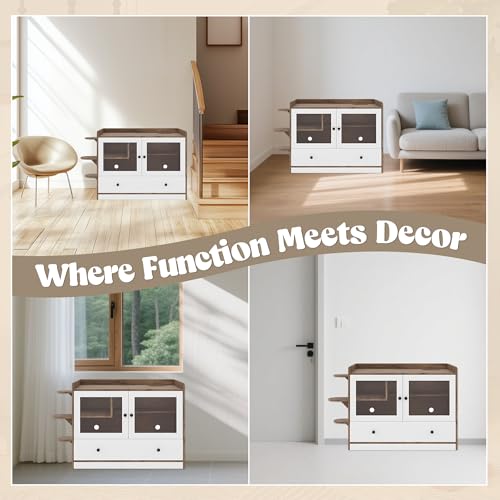 White Multi-Functional Cat Litter Box Enclosure with Smart Door & LED Light W393584