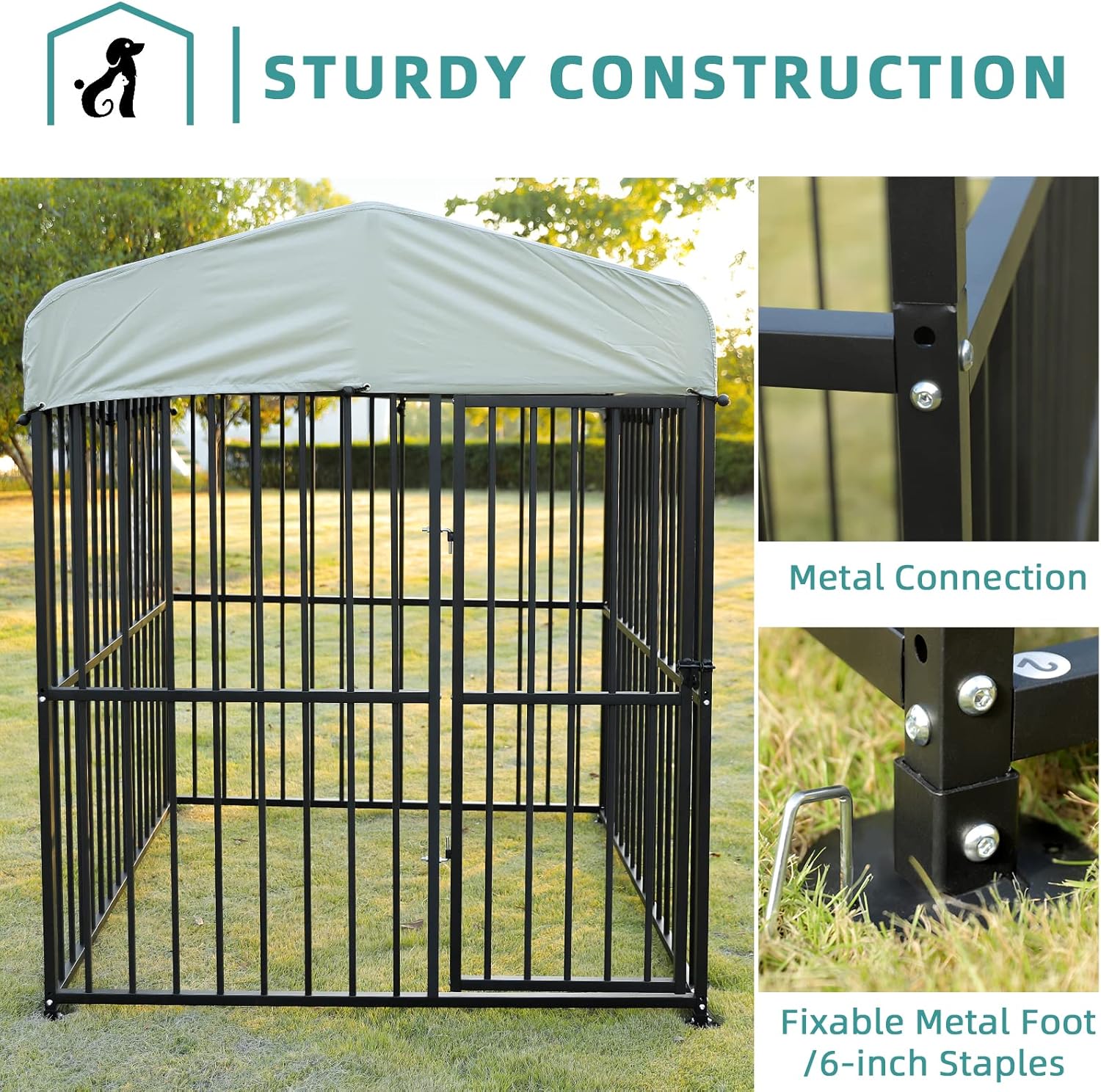 Large Outdoor Metal Dog Kennel with Top Cover, 4'L x 8'W x 6'H H658570