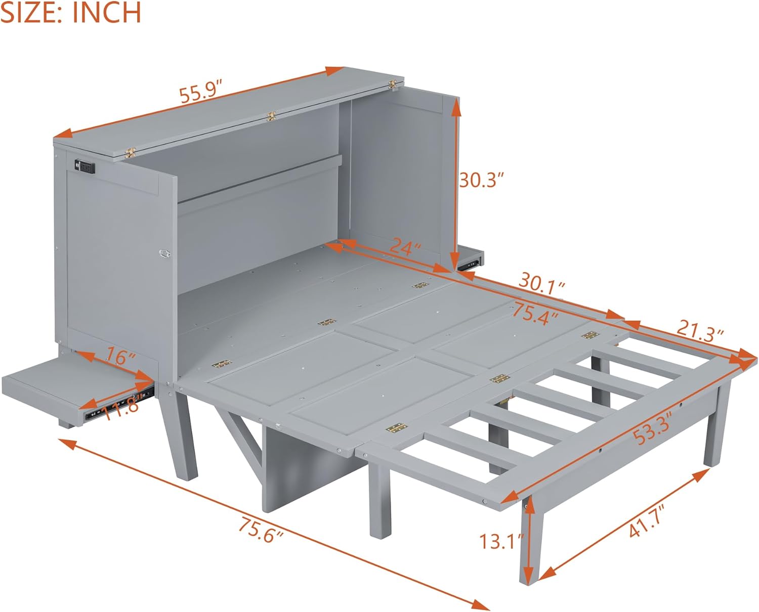 Gray Full Size Murphy Wall Bed with Cabinet J8399