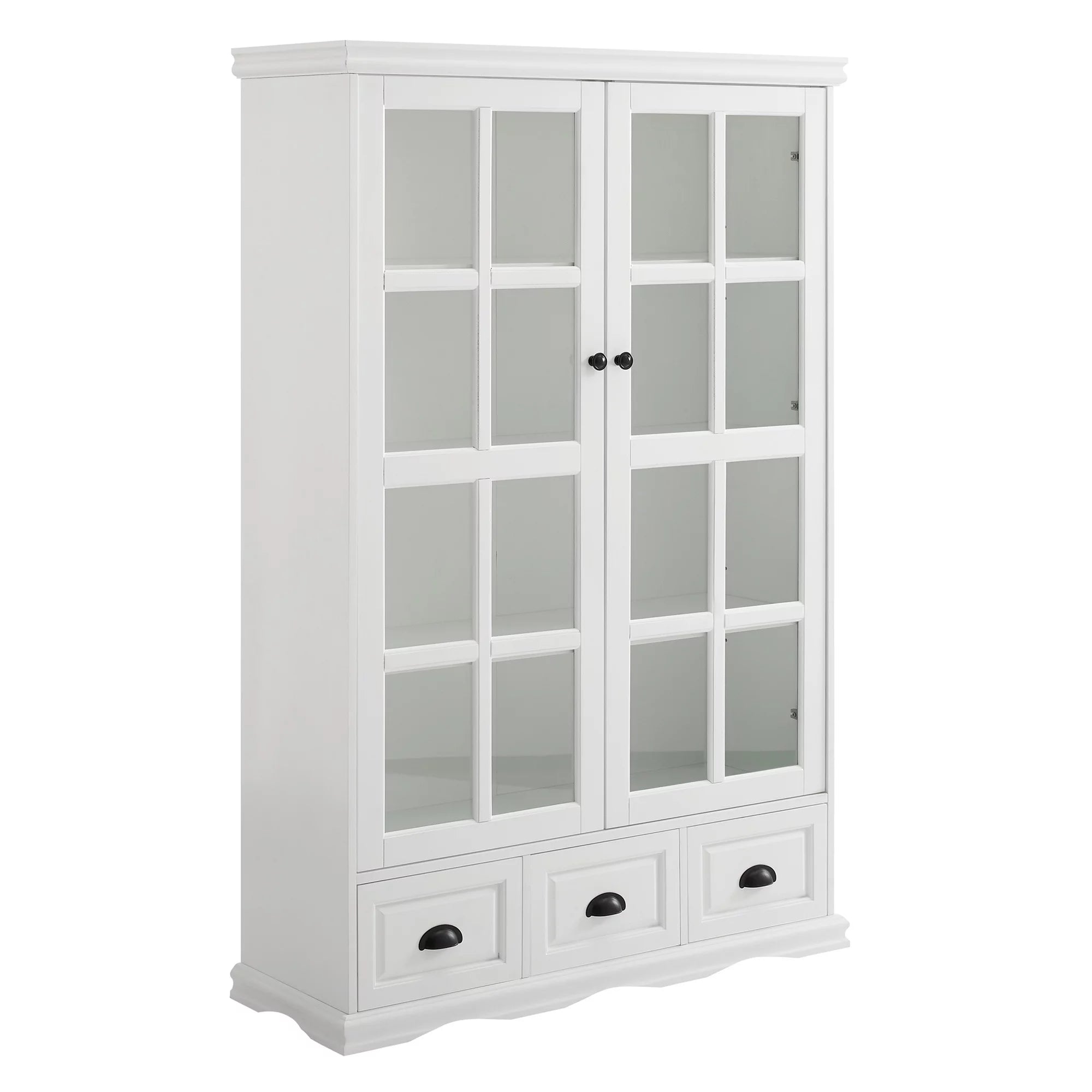 White Storage Cabinet with Tempered Glass Doors and Triple Drawers R9068