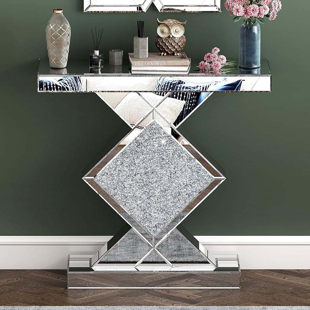 Mirrored Console Table, Silver, 31.5'' Long Accent Narrow Table O5463