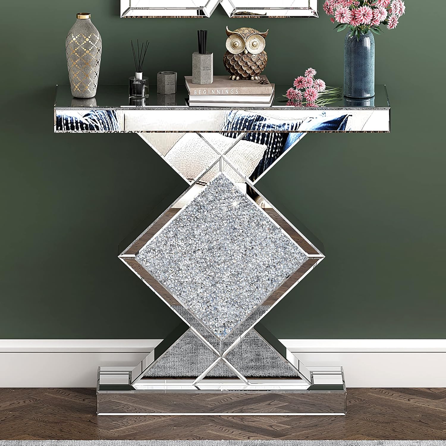 Mirrored Console Table, Silver, 31.5'' Long Accent Narrow Table O5463