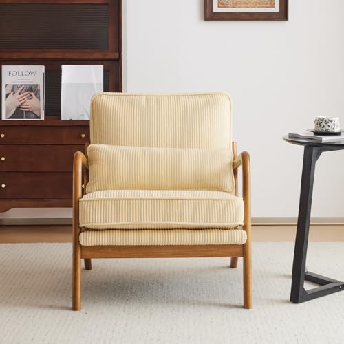 Linen White Accent Chair with Pillow Solid Wood Frame I626
