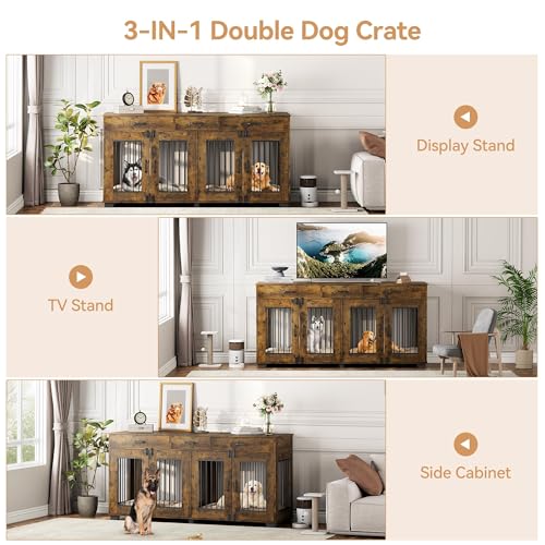 White Wooden Double Dog Crate with 3 Drawers T601938