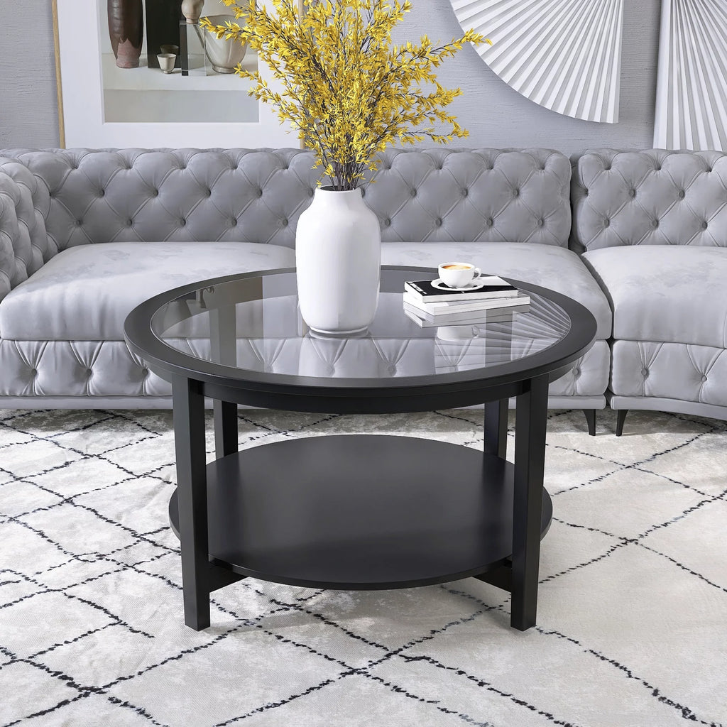 Black Round Tempered Glass Coffee Table with Solid Wood Legs A1992