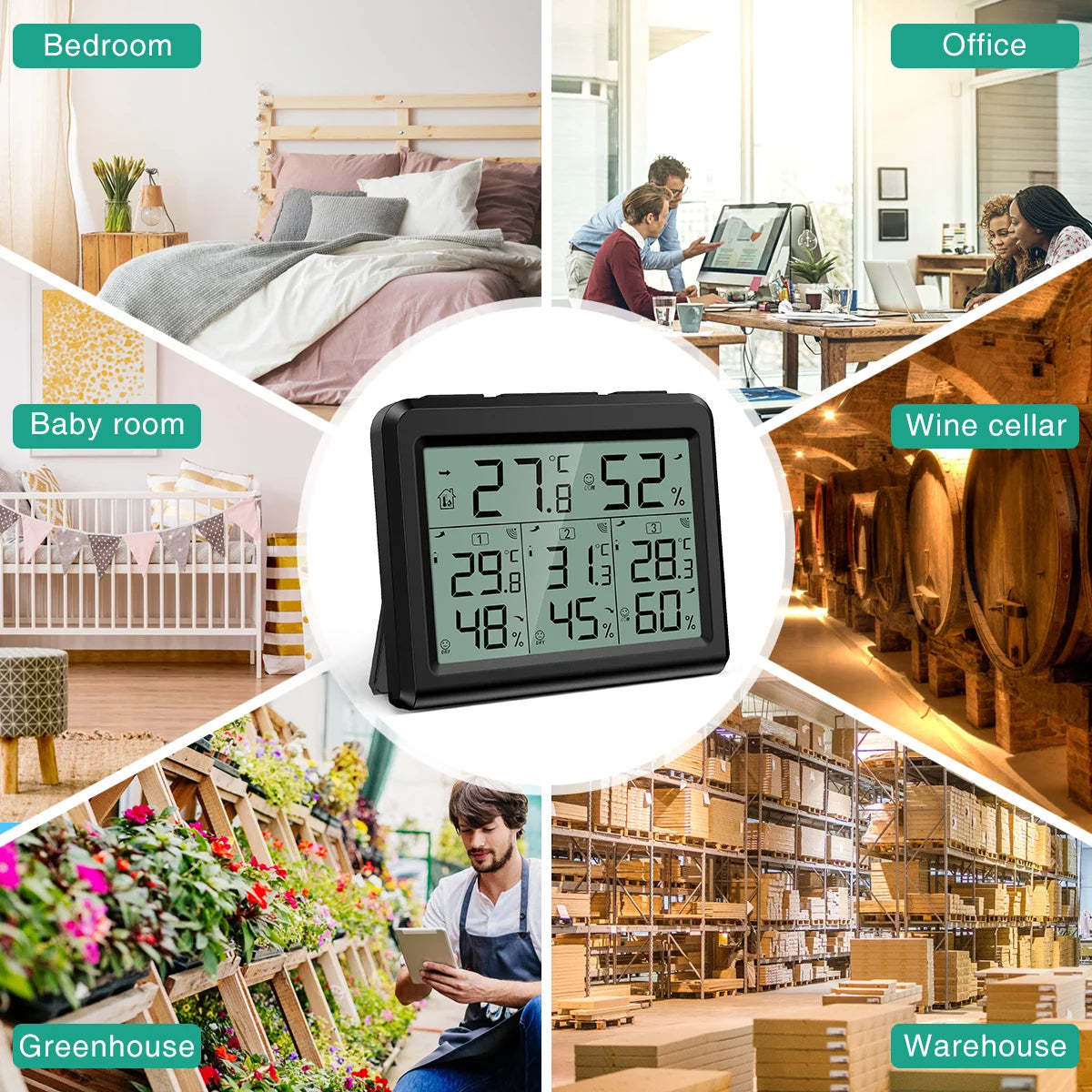 Black Digital Thermometer with 3 Wireless Sensors F79980