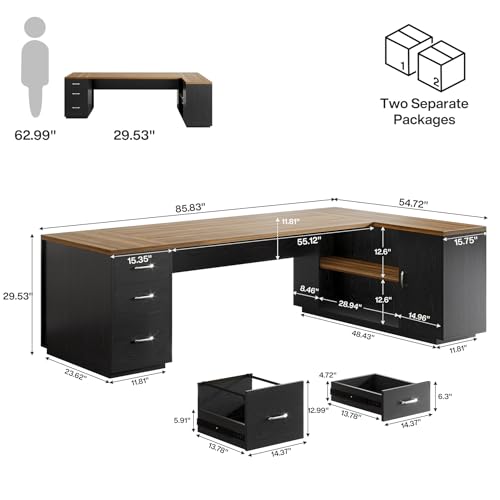 85.8-Inch L-Shaped Executive Desk with File Drawers, Door Cabinet & Shelves, White & Brown Y890