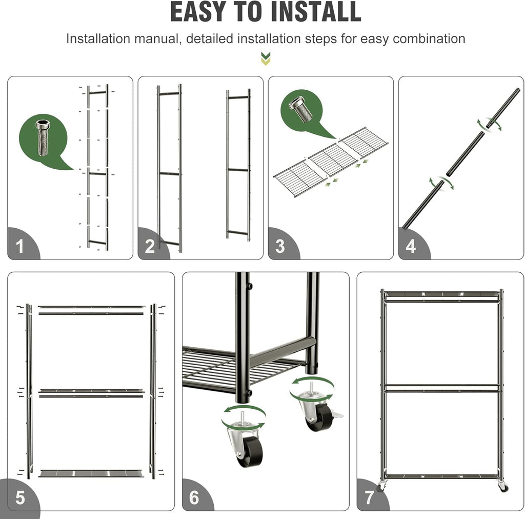 Heavy Duty Metal Rolling Clothes Rack with Double Rods & 3 Wire Shelves X99438