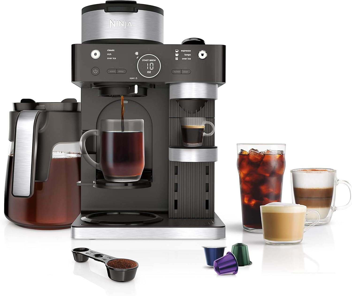 Black and Stainless Steel Espresso & Coffee System, 12-Cup Carafe, Built-in Frother D322402
