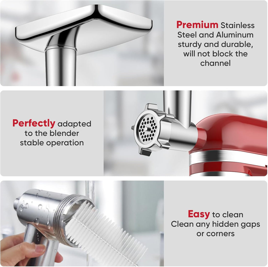 Meat Grinder Attachment for Kitchenaid Stand Mixers with 4 Grinding Plates, 3 Sausage Stuffer Tubes, 2 Grinding Blades B21340