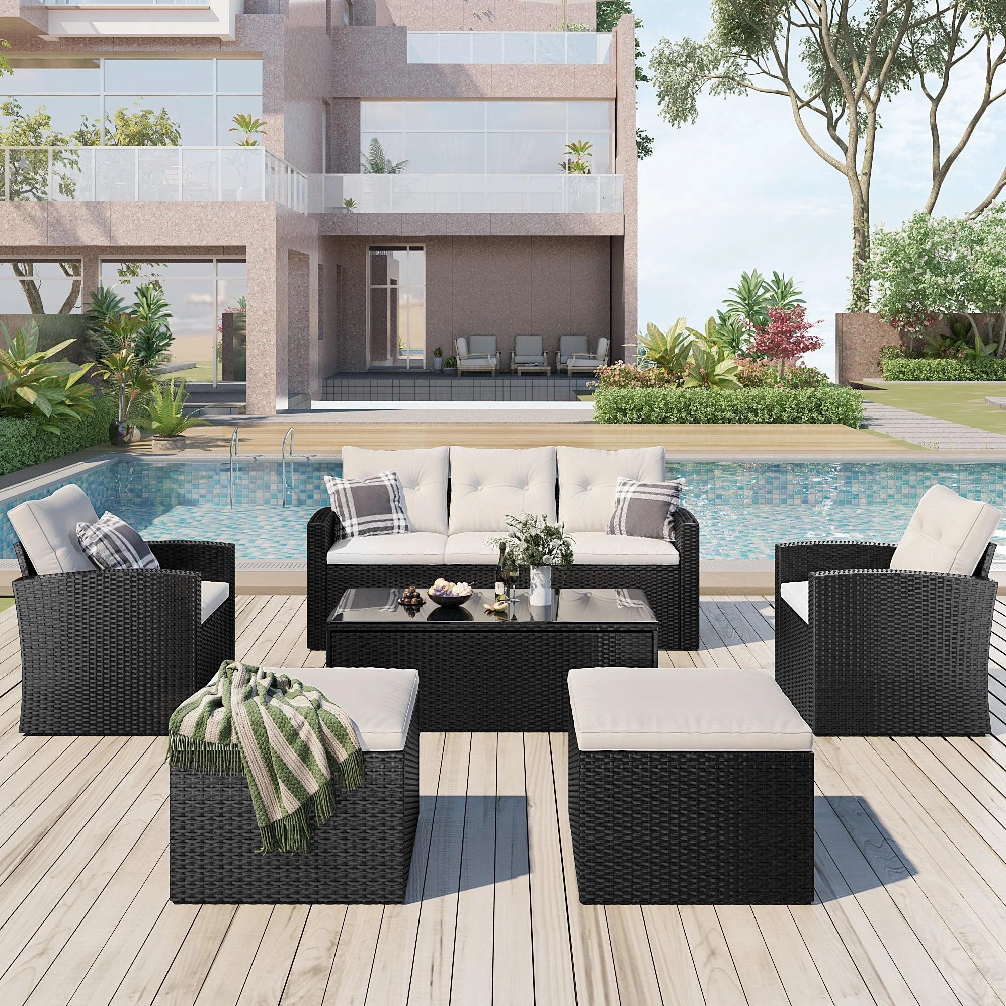6-piece All-Weather Wicker PE Rattan Patio Outdoor Dining Conversation Sectional Set with Coffee Table, Wicker Sofas, Ottomans, Removable Cushions I514