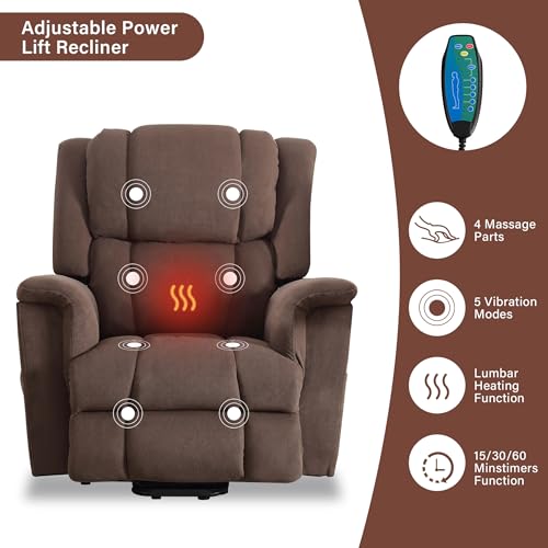Power Lift Chair with Heat and Massage, Electric Wooden Frame Recliner Chair with Side Pocket, USB Charge Port N2575