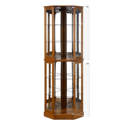 Lighted Corner Display Curio Cabinet 6-Shelf Wooden Display Cabinet with Adjustable Shelves 72" Tall Glass Shelving Unit Walnut W360164