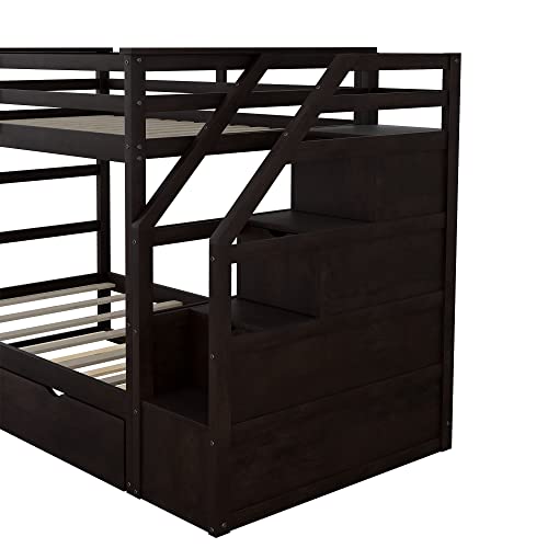 Twin-Over-Twin Wood Bunk Bed with Trundle and Storage Stairs (White) Y46337