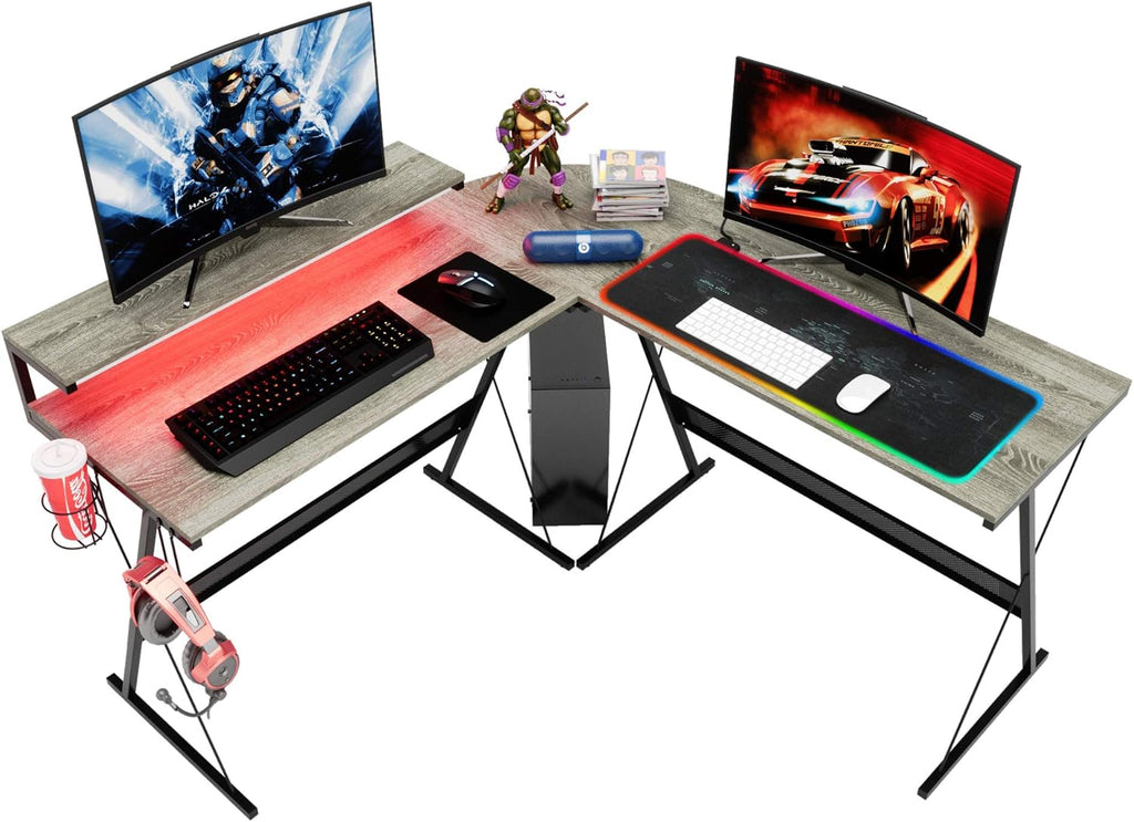 55 inch L-Shaped RGB Gaming Computer Desk with Large Elevated Ergonomic Shelf Carbon Black R5077