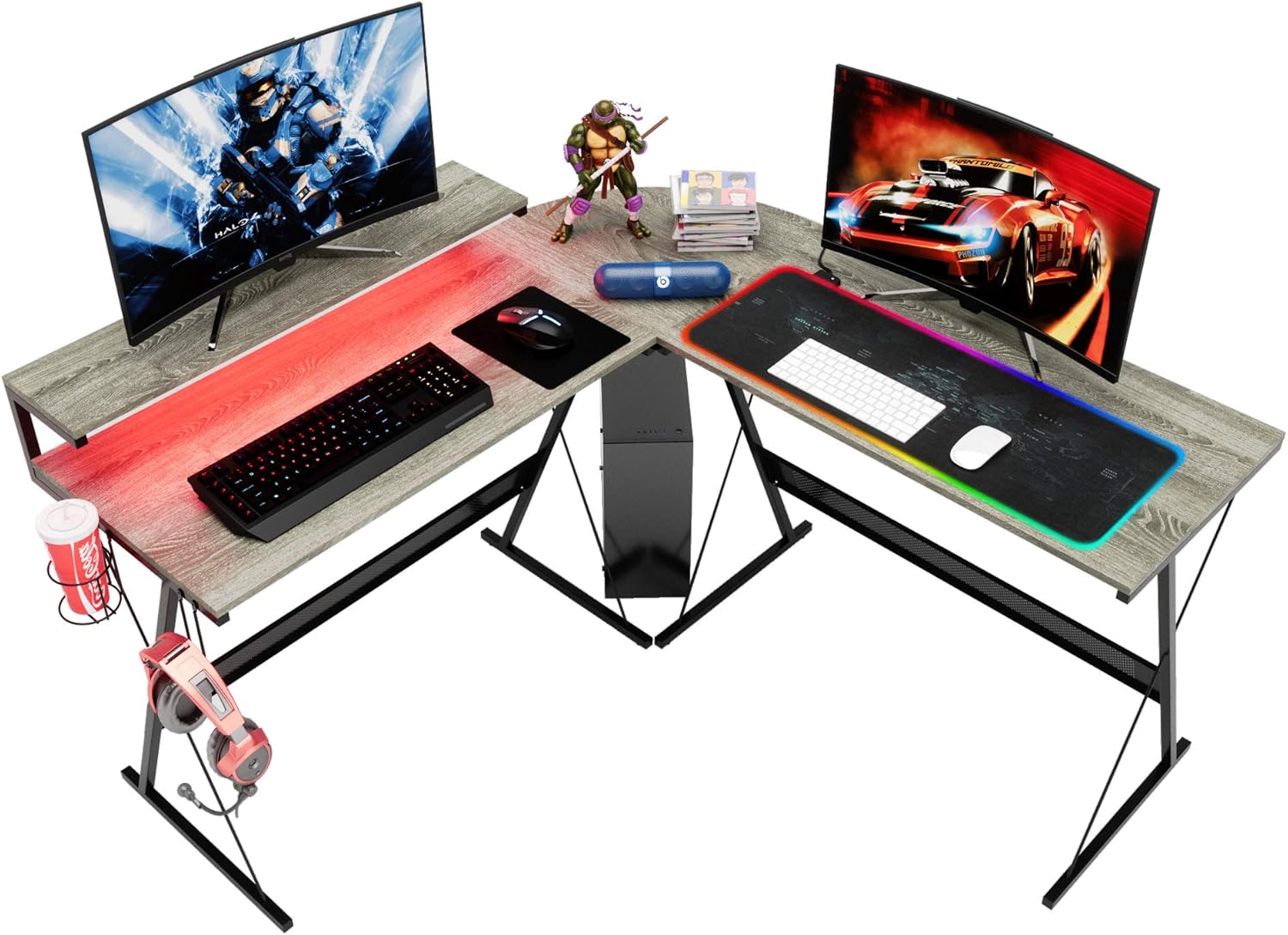 55 inch L-Shaped RGB Gaming Computer Desk with Large Elevated Ergonomic Shelf Carbon Black R5077