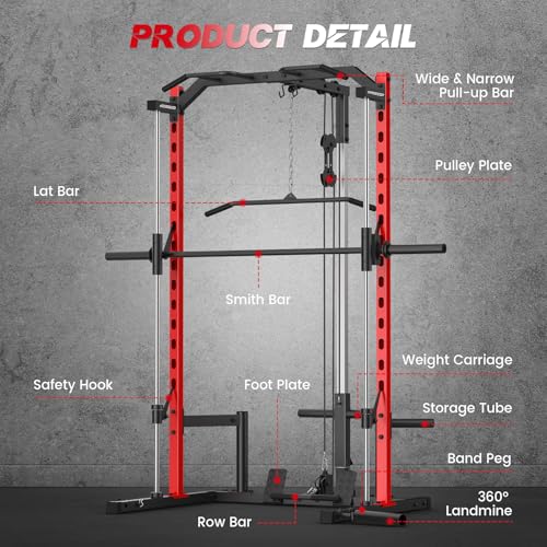 Smith Machine with LAT-Pull Down, Power Cage with Cable Crossover, Squat Rack with Landmine, Barbell Bar, Plate Storage Pegs J671420