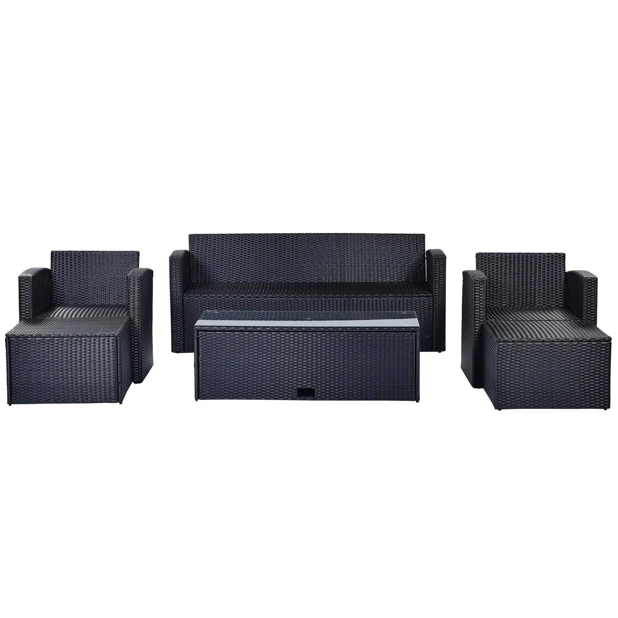 6-piece All-Weather Wicker PE Rattan Patio Outdoor Dining Conversation Sectional Set with Coffee Table, Wicker Sofas, Ottomans, Removable Cushions I514
