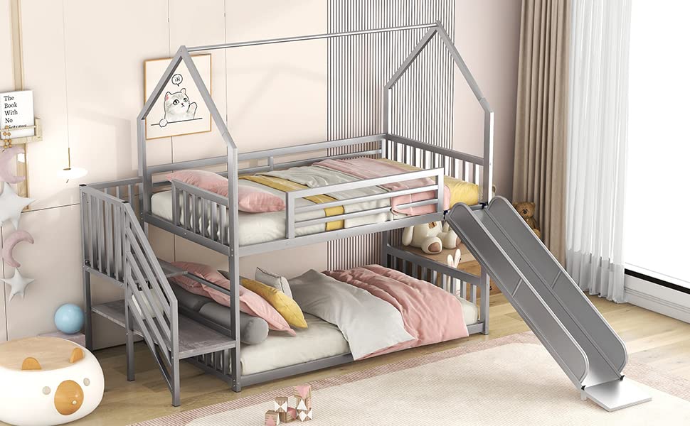 Twin Over Twin Metal Bunk Bed with Slide and Storage Staircase L768