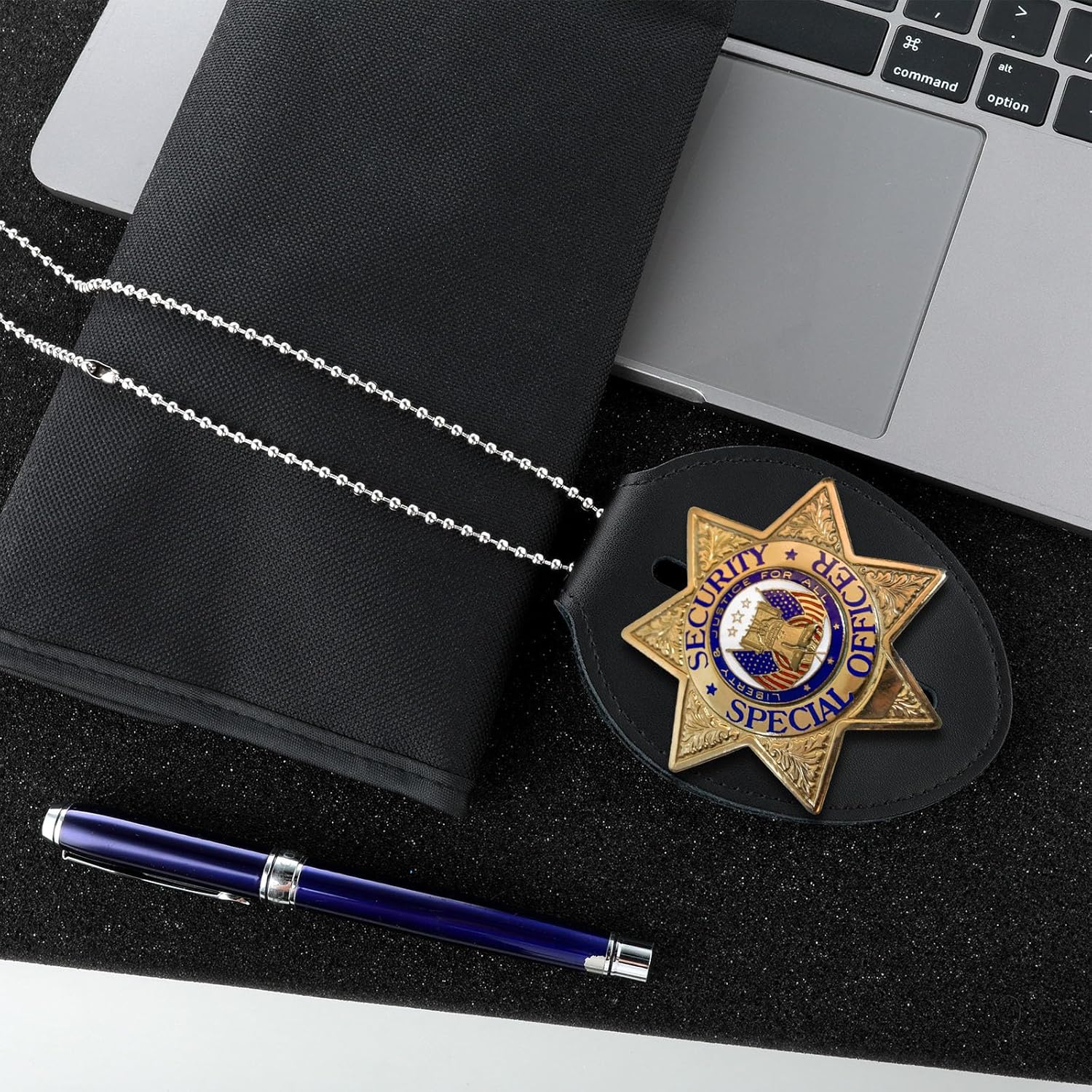 Black Cowhide Badge Holder with Belt Clip T425
