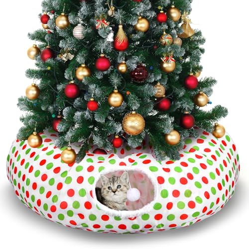 3ft x 3ft Red and Green Cat Tunnel Christmas Tree Skirt with Washable Cushion I1993