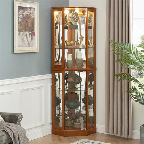 Lighted Corner Display Curio Cabinet 6-Shelf Wooden Display Cabinet with Adjustable Shelves 72" Tall Glass Shelving Unit Walnut W360164