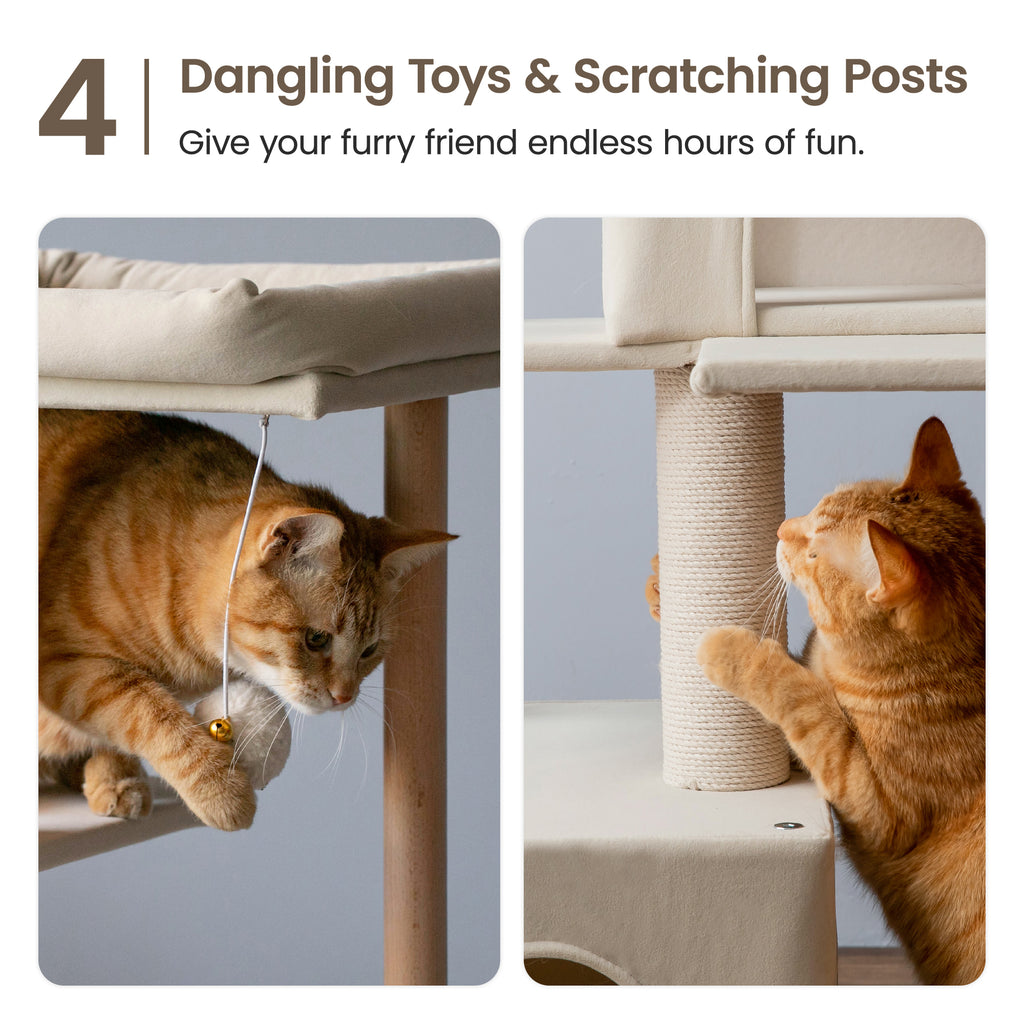 Beige Multi-Level Wood Cat Tree with 2 Condos and Perch G3995