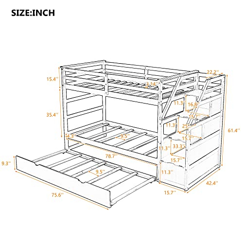 Twin-Over-Twin Wood Bunk Bed with Trundle and Storage Stairs (White) Y46337
