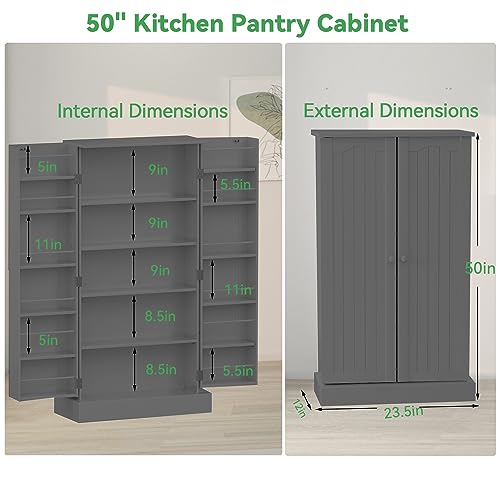 Grey 50" LED Kitchen Pantry Cabinet with Doors and Adjustable Shelves Q79979
