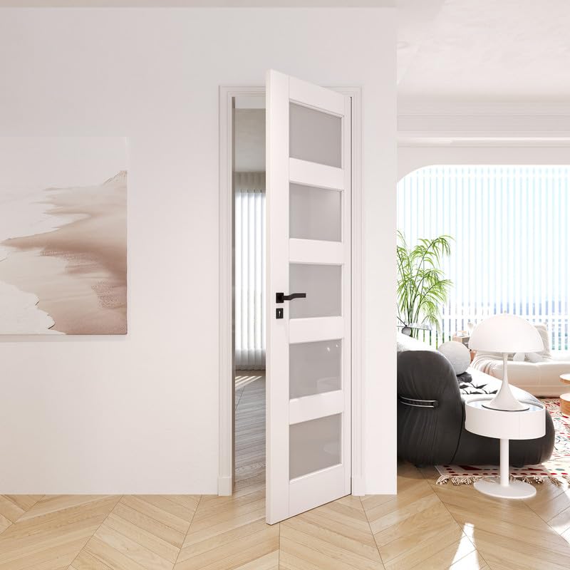24" x 80" Slab Doors 5-Lite Tempered Frosted Glass Interior French Door, Solid MDF Door PVC Surface Single Panel Slab T403