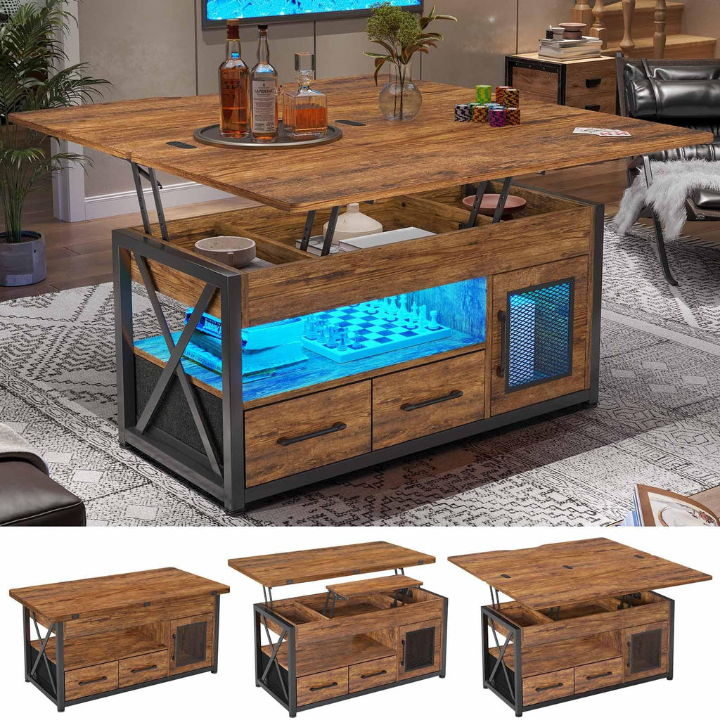 40" Lift Top Coffee Table with Storage Cabinet, 2 Fabric Drawers and LED Light, Rustic Brown D42404