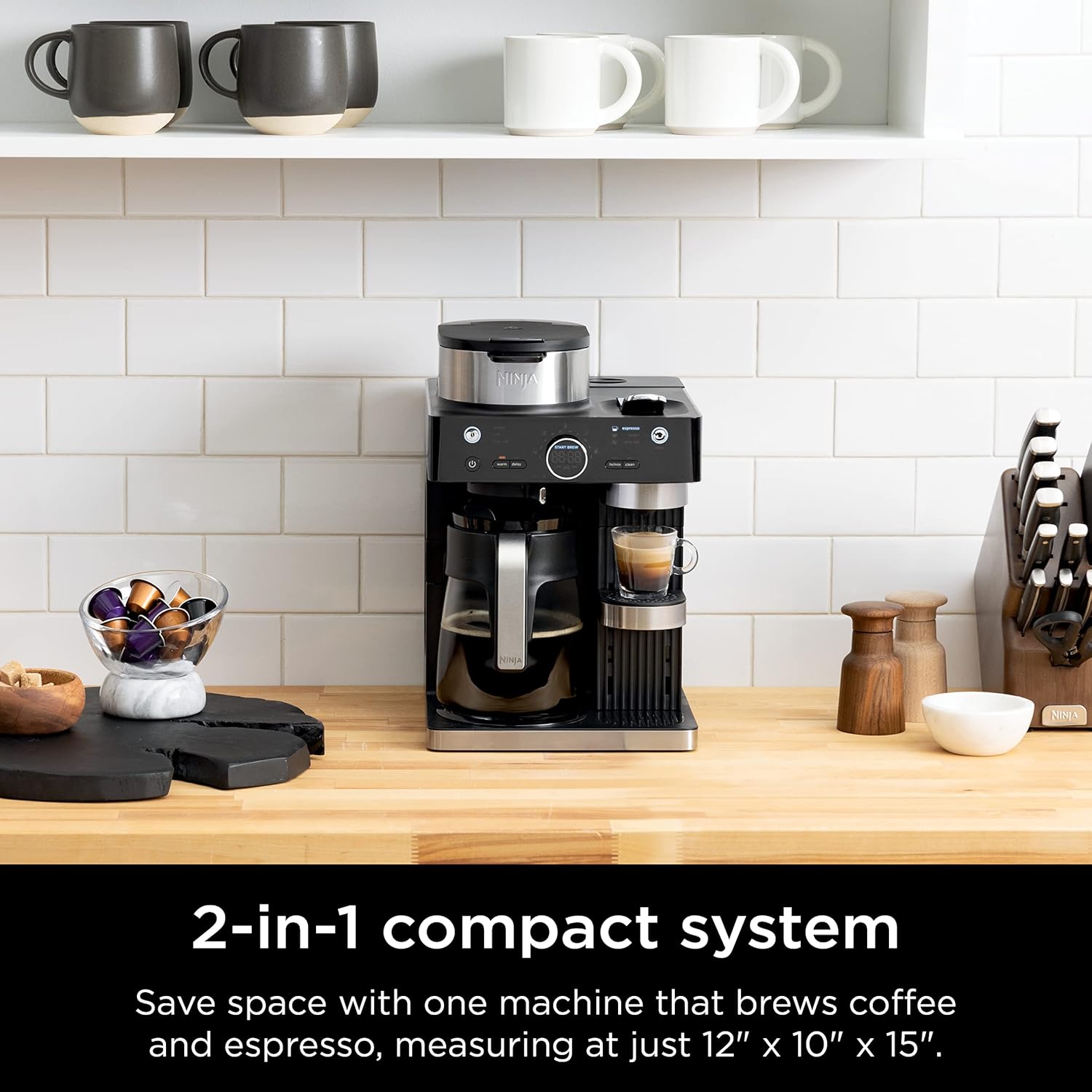 Black and Stainless Steel Espresso & Coffee System, 12-Cup Carafe, Built-in Frother D322402