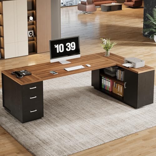 85.8-Inch L-Shaped Executive Desk with File Drawers, Door Cabinet & Shelves, White & Brown Y890
