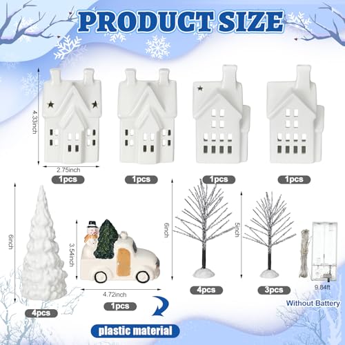 17 Piece Christmas Village Set with 4 LED White Ceramic Houses, 4 Ceramic Trees, Plastic Truck, 7 Branch Trees F67905