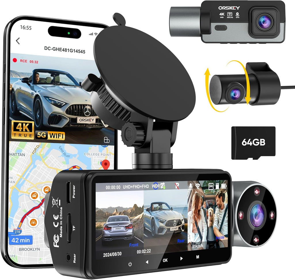 64GB Card 4K Dash Cam Front Rear Inside with GPS D5308