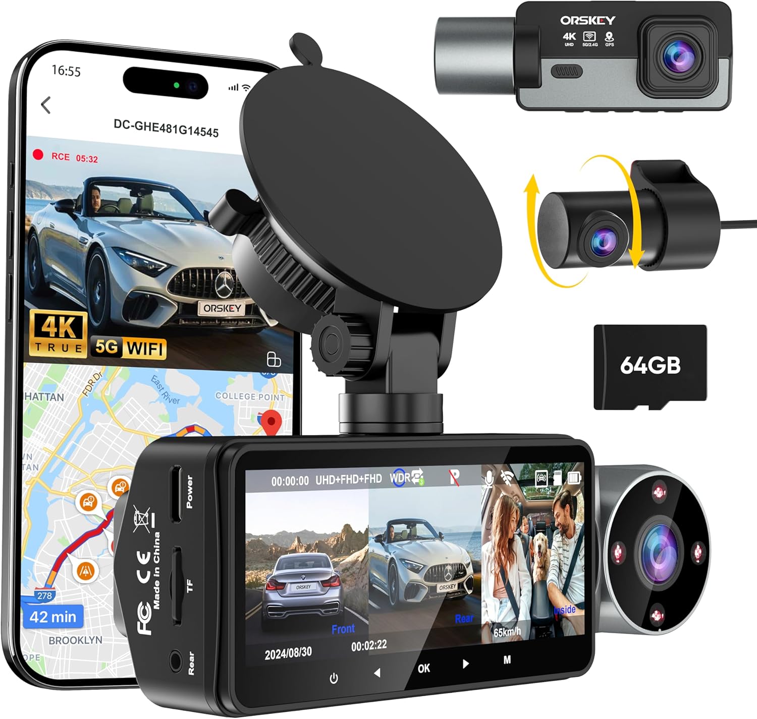 64GB Card 4K Dash Cam Front Rear Inside with GPS D5308