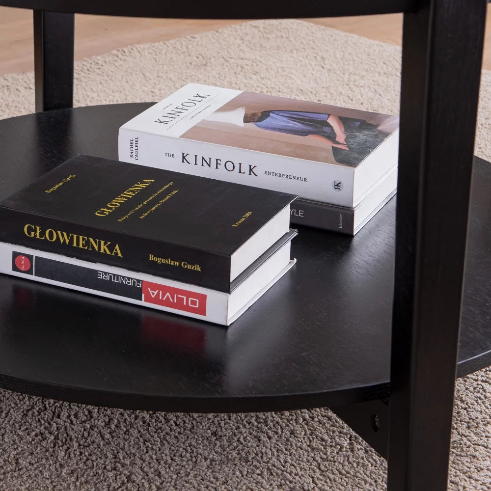 Black Round Tempered Glass Coffee Table with Solid Wood Legs A1992