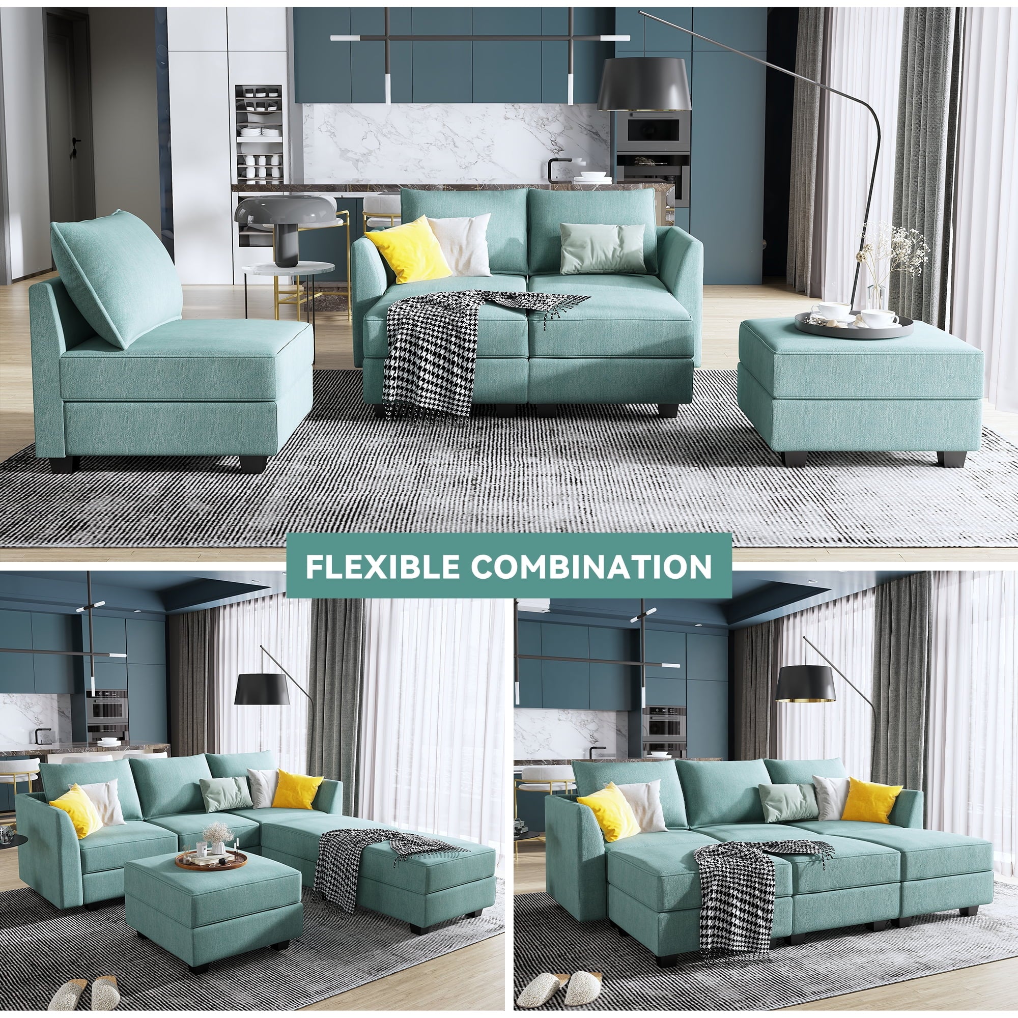 Aqua Blue Fabric 6 Pieces Sleeper Sectional Sofa Bed with Storage Ottomans X329