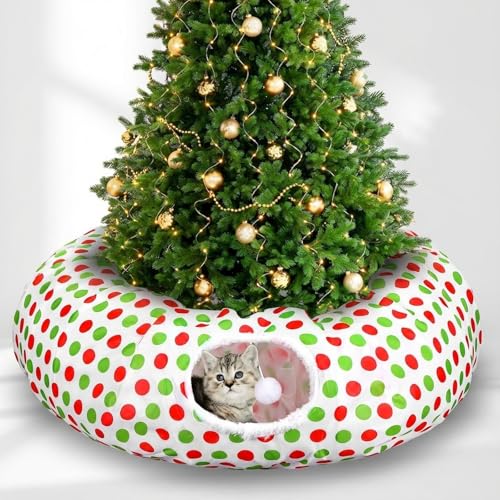 3ft x 3ft Red and Green Cat Tunnel Christmas Tree Skirt with Washable Cushion I1993