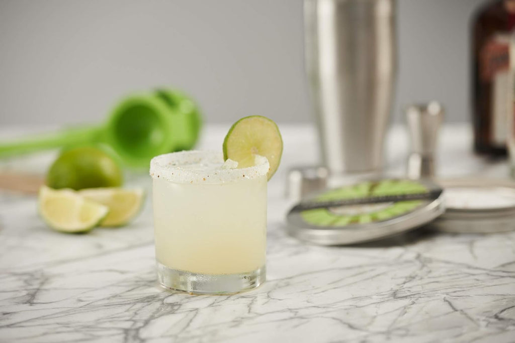 Set of Rocks Glasses, Stainless Cocktail Shaker & Jigger, Citrus Squeezer, Margarita Salt, Recipe Cards S619